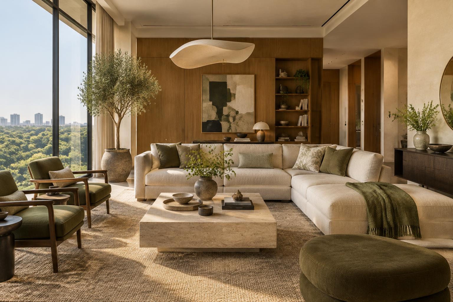 Elegant living room with natural materials and sage accents