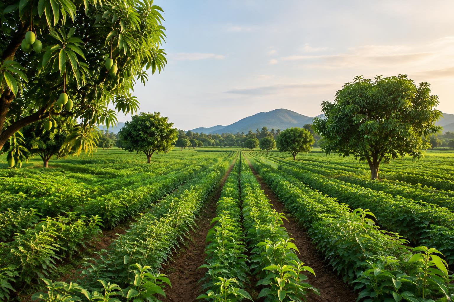Cultivated green fields and mango trees